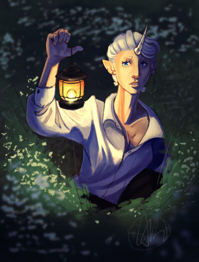 A digital painting of my DND unicorn satyr holding up a lantern