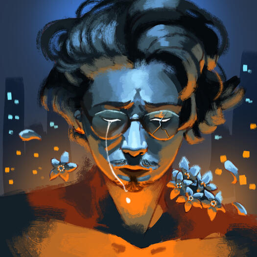 A painting of a man cast in blue and gold surrounded by forget me not flowers.