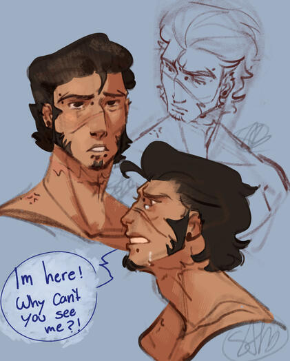 Three sketches, two colored of the same character in various expressions