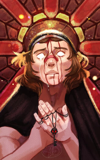 A digitally painted portrait of my original character holding a key.