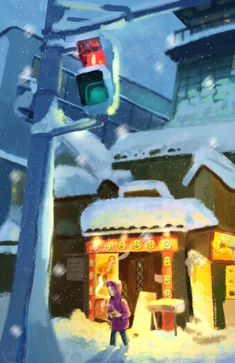 A painting of a ramen place located in japan.