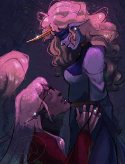 Commission of two Dungeons and Dragons OCs looking at one another.