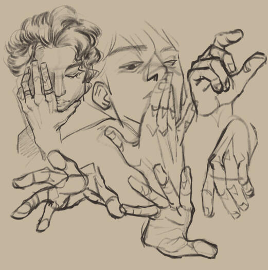 Sketches of various hand and facial studies.
